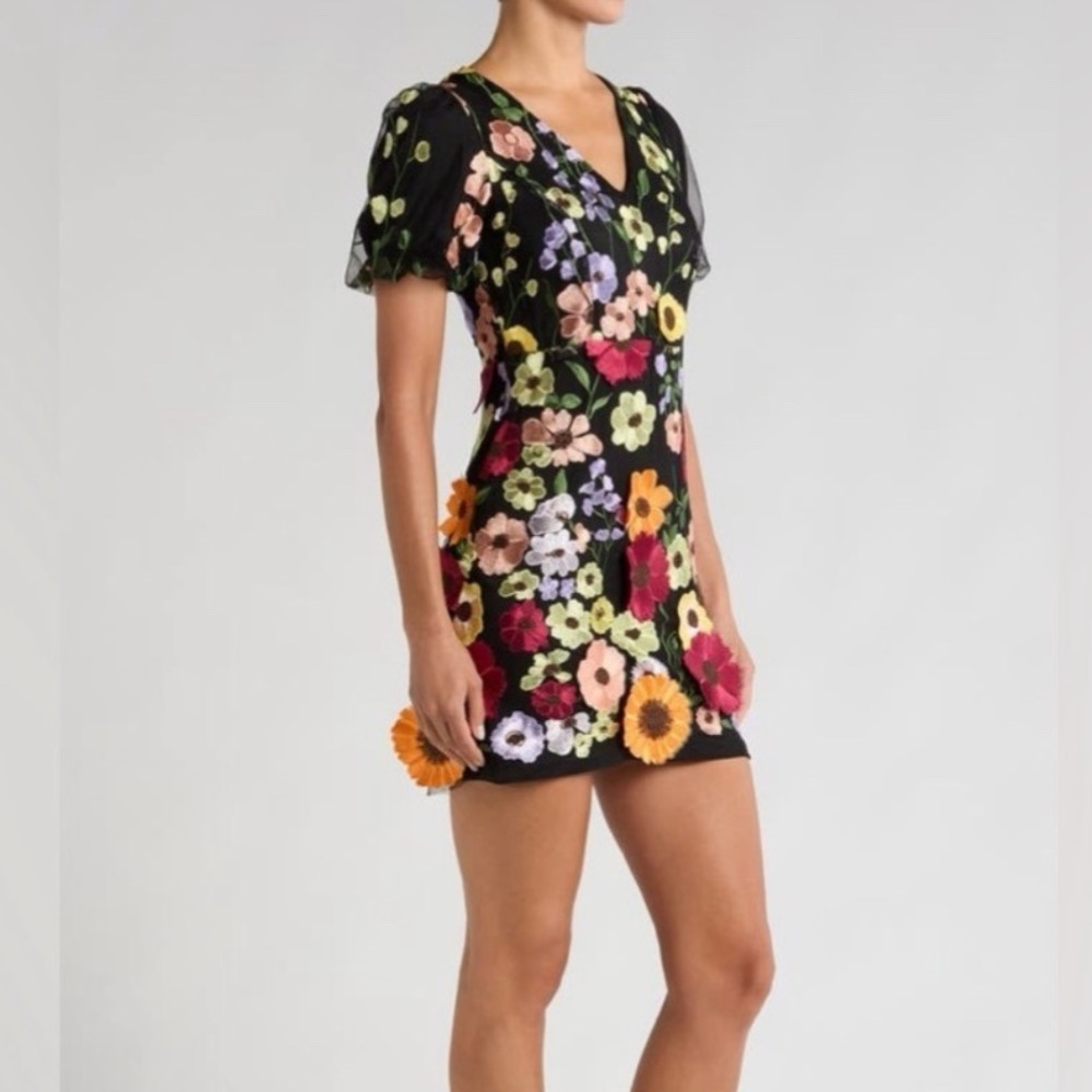 Adelyn Rae Black Multi Floral Embroidered Puff Sleeve V Neck Mini Dress Size S - Picture 14 of 14